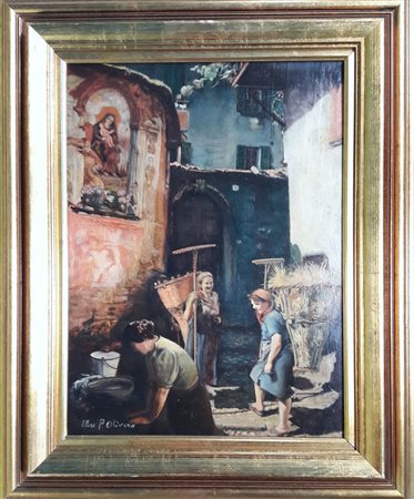 Ettore Pistoletto Olivero "Sosta: chiacchiere al lavatoio" - Olio su tavola -...