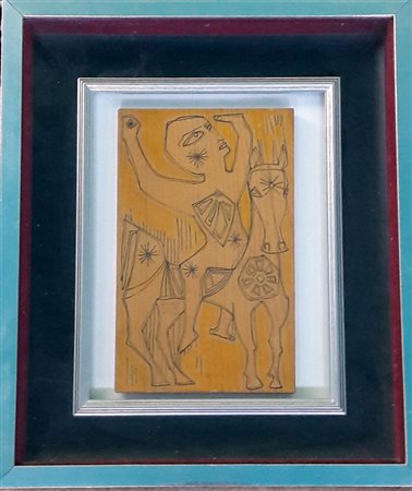 Mario Molinari "Cavaliere" - Pirografia su tavola - cm 29x18 - Firma...