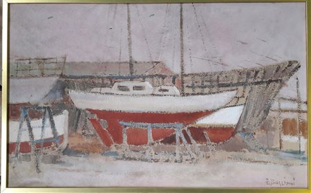 Ernesto Buglioni "Barca in costruzione" - Olio su tela sabbiata - cm 50x80 -...