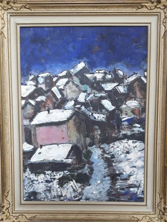 M. Piovano "Tetti innevati" - Olio su tavola - cm 70x50 - Firma in basso a dx