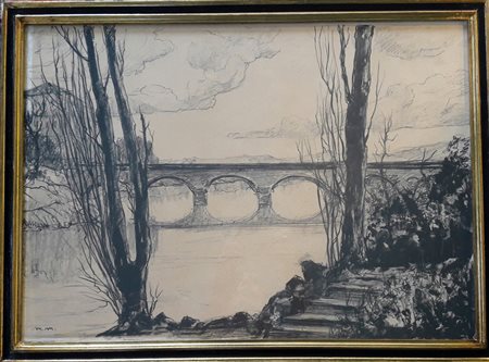 M.M. "Paesaggio fluviale" - cm 50x70 - Tecnica mista su carta - Firma in...