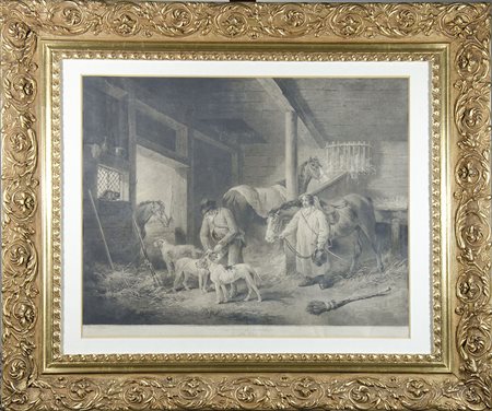 Lotto di 2 incisioni raffiguranti scene di campagna, incornicate. tot cm. 74x87.