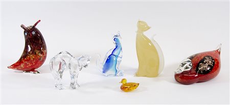 Lotto di 6 animaletti in vetro, alcuni firmati Baccarat e Rino Greggio.