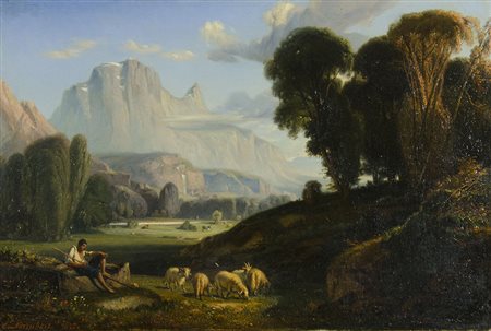 Louis Eugene Lambert 1825-1900 "Paesaggio con figure" cm. 32x48 - olio su...