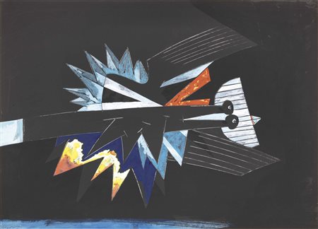 Gianni Dova, Roma 1925 - Pisa 1991, Figura, 1965, Gouache su carta applicata...