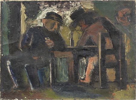 Mario Sironi, Sassari 1885 - Milano 1961, Uomini al tavolo, Olio su tela, cm....
