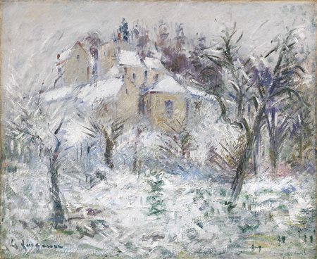 Gustave Loiseau, Parigi 1865 - 1935, Maisons à Pontoise sous la neige, 1930,...