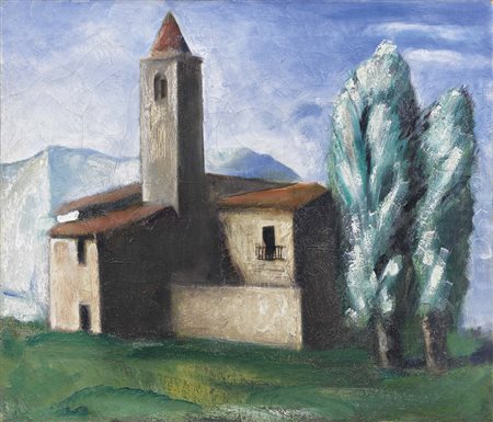 Mario Sironi, Sassari 1885 - Milano 1961, Chiesa e alberi di pioppo, 1928-29,...