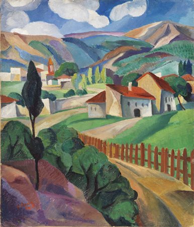René Paresce, Carouge 1886 - Parigi 1937, Paesaggio, 1916, Olio su cartone...