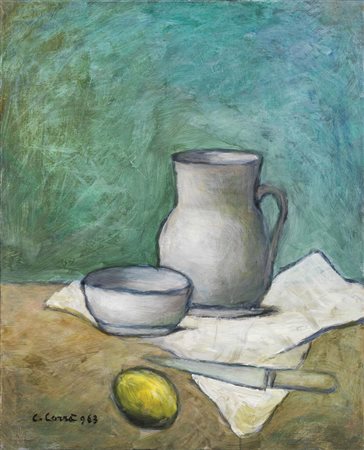 Carlo Carrà, Quargnento (Al) 1881 - Milano 1966, Natura morta, 1963, Olio su...