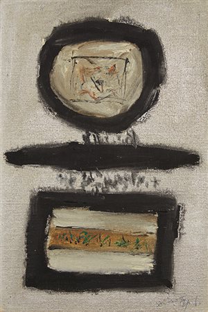 CHIN HSIAO (shangai 1935) Qe47, 1960 Olio su tela 24 x 17 cm Firmato e datato...