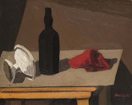 ENNIO MORLOTTI (1910 - 1992) Natura morta [sul tavolo con fruttiera bianca...