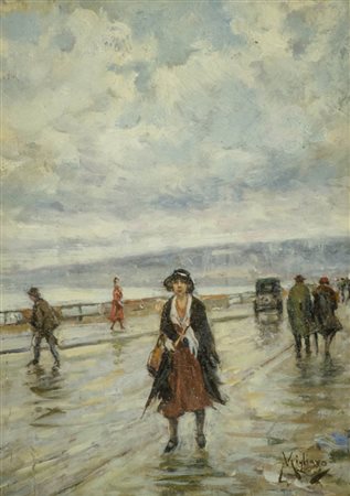 Vincenzo Migliaro ( 1858 1938 ) Figure sul molo Olio su tavola, cm. 21x15...