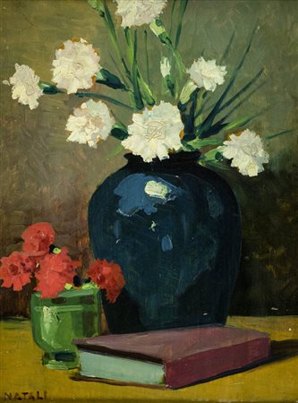 Renato Natali ( Livorno 1883 1979 ) Natura morta con garofani Olio su tavola,...