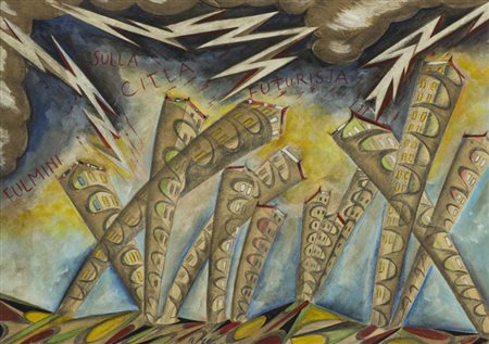 Riccardo Magni ( 1886 1964 ) Fulmini sulla città futurista 1935 Tecnica mista...