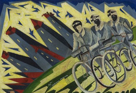 Fabrizio Marconi ( 1875 1956 ) Motociclisti futuristi corrono Olio su carta,...