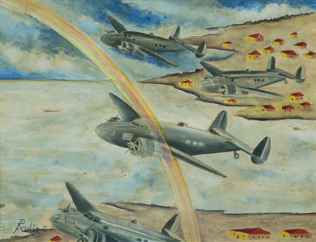 Pietro Ardigò Sorvolo aereo sulla costa con arcobaleno futurista Olio magro...