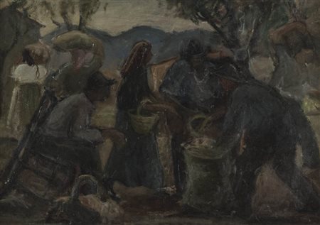 Guido Ferroni ( Siena 1888 Firenze 1979 ) Contadini Olio su cartone, cm....