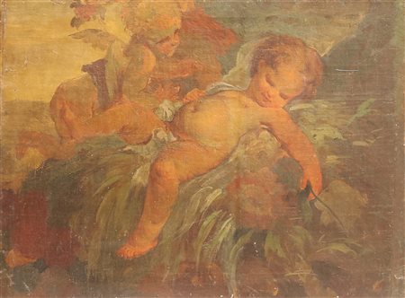 PITTORE DEL XIX SECOLO Putti alati in un paesaggio. Olio su tela . Cm 80,00 x...