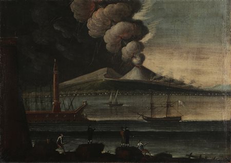 ARTISTA NAPOLETANO DEL XVIII SECOLO Eruzione del Vesuvio. Olio su tela . Cm...
