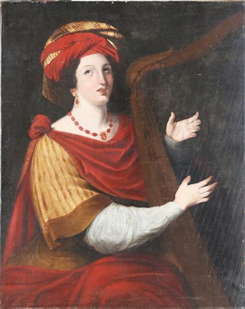 ARTISTA ITALIANO DEL XVII SECOLO Suonatrice d'arpa. Olio su tela . Cm 82,00 x...
