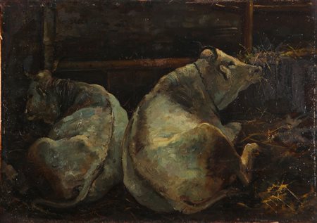 DECCA DINO (1935 - 2005) La stalla. Olio su cartone telato. Cm 58,00 x 40,00....