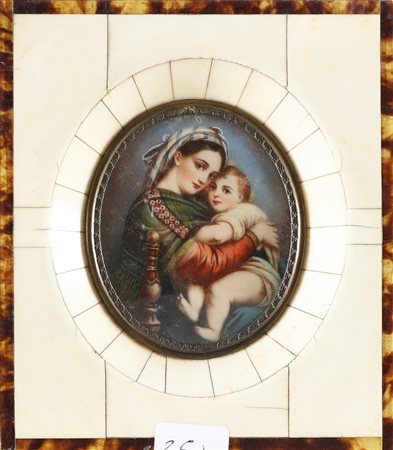 MINIATURISTA DEL XIX SECOLO Madonna con Bambino. Olio su avorio. Cm 5,00 x...