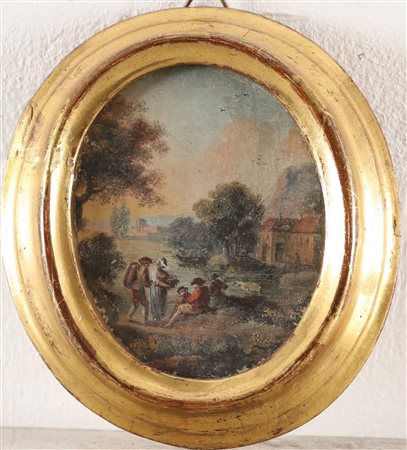 ARTISTA DEL XVIII SECOLO Paesaggio con personaggi. Tecnica mista su carta. Cm...