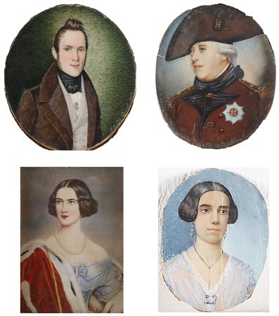 MINIATURISTA DEL XIX SECOLO Gruppo di 4 miniature in cornici ebanizzate, una...