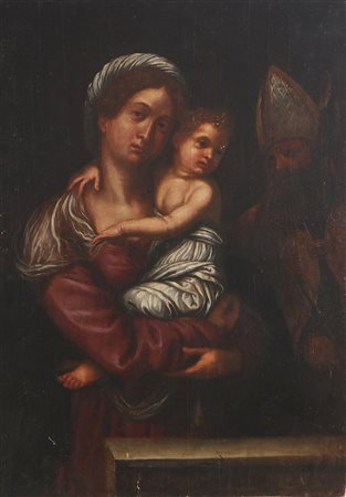 ARTISTA DEL XVI SECOLO Madonna con bambino. Olio su tavola. Cm 37,00 x 53,00.