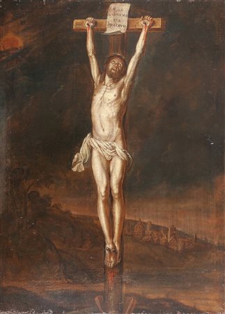 ARTISTA RUBENSIANO DEL XVII SECOLO Crocefissione. Olio su tela . Cm 86,00 x...