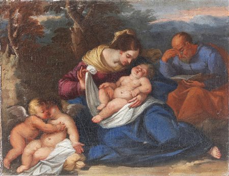 ARTISTA EMILIANO DEL XVII SECOLO Riposo durante la fuga in Egitto. Olio su...