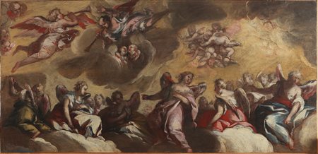 BELLUCCI ANTONIO (1654 - 1726) Attribuito a. Teoria di angeli musicanti. Olio...