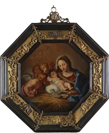ARTISTA EMILIANO DEL XVII SECOLO Madonna con bambino e angeli. Olio su rame....