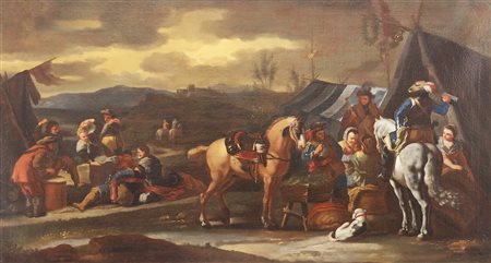 ARTISTA ROMANO DEL XVII SECOLO Sosta di cavalleria. Olio su tela . Cm 103,00...