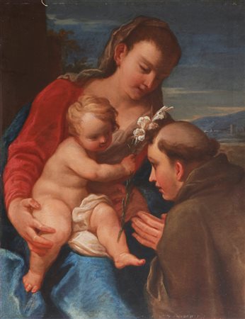 ARTISTA VENETO DEL XVIII SECOLO Madonna con il bambino e santo. Olio su tela...