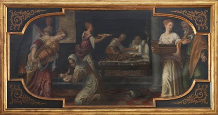 ARTISTA ITALIANO DEL XVII SECOLO La nascita della Vergine. Olio su tela . Cm...