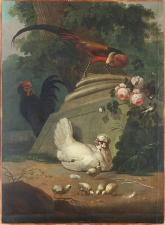 DE HONDECOETER MELCHIOR (1636 - 1695) Seguace di. Paesaggio con volatili....