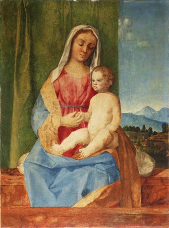 ARTISTA VENETO DEL XVI SECOLO Madonna con bambino. . Olio su tavola. Cm 56,00...