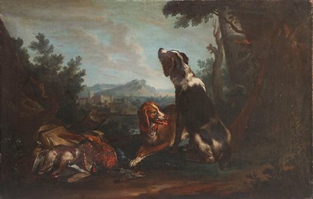 DE CARO BALDASSARRE (1689 - 1750) Selvaggina e cani in un paesaggio. . Olio...