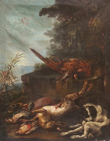 DE CARO BALDASSARRE (1689 - 1750) Natura morta con cane e selvaggina. Olio su...
