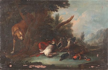 DE CARO BALDASSARRE (1689 - 1750) Natura morta con cane. . Olio su tela . Cm...