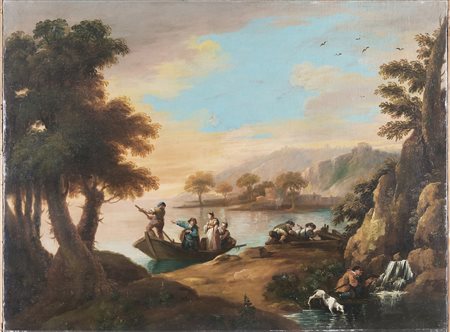 ARTISTA BERGAMASCO DEL XVIII SECOLO Paesaggio con barche e personaggi. Olio...
