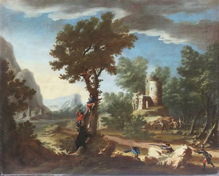 VISO NICOLA (1724 - 1742) Paesaggio con cacciatori inseguiti da un orso. Olio...