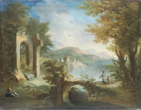 VISO NICOLA (1724 - 1742) Paesaggio con rovine, castello in riva a un lago...