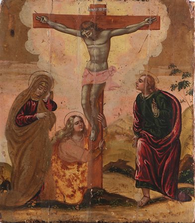 MAESTRO VENETO CRETESE DEL XVI SECOLO Crocefissione. . Tempera su tavola. Cm...