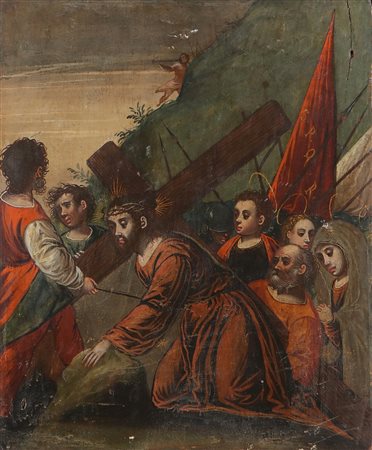 ARTISTA VENETO - CRETESE DEL XVII SECOLO Scena della Via Crucis. Olio su...