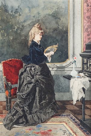 PEREGO EUGENIO (1845 - 1923) Donna in un interno. 1875. Acquerello . Cm 36,00...
