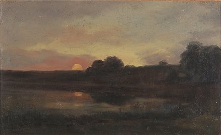 DUPRE' JULES (1811 - 1889) Attribuito a. Paesaggio fluviale. Olio su tela ....