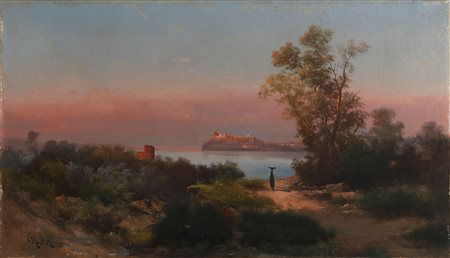 MARKÒ HENRY (1855 - 1921) Paesaggio con promontorio. Olio su tela . Cm 70,00...